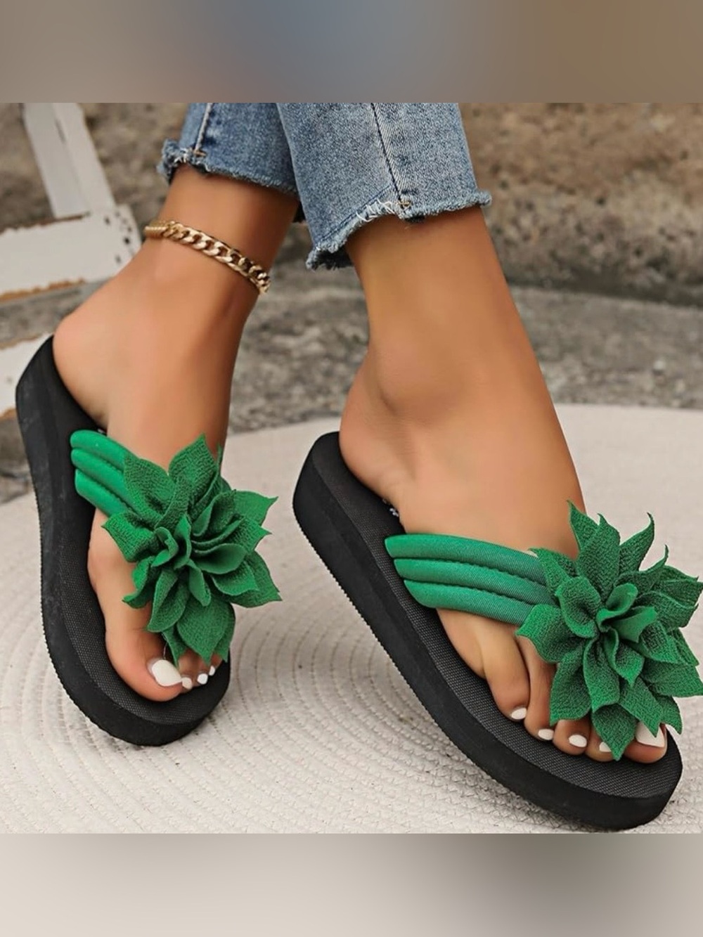 New Green 3D Floral Sandals Thongs Flip Flops Summer Beach Flower Shoes Size 7.5 - Picture 5 of 9